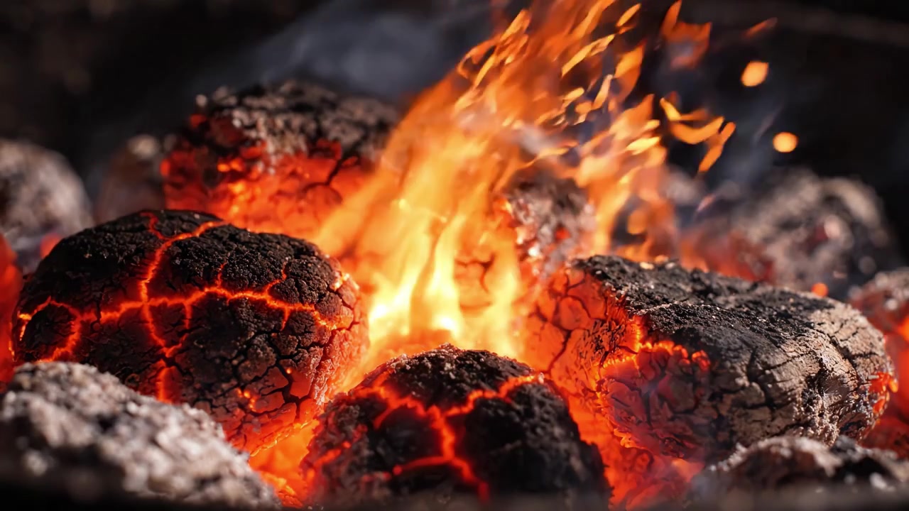 Brilho Intenso e Chamas Estalantes: Um Close-up de Brasas de Carvão Incandescentes Acendendo em uma Lareira Externa