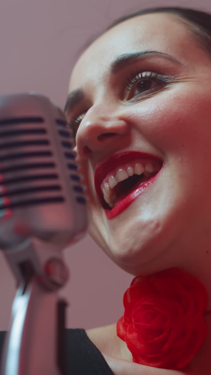 primer plano de una alegre vocalista femenina con labios rojos y una cinta alrededor de su cuello cantando apasionadamente en un micrófono vintage, capturando su actuación expresiva y energía vibrante