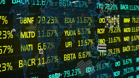 animación del procesamiento de datos financieros sobre el mapa del mundo