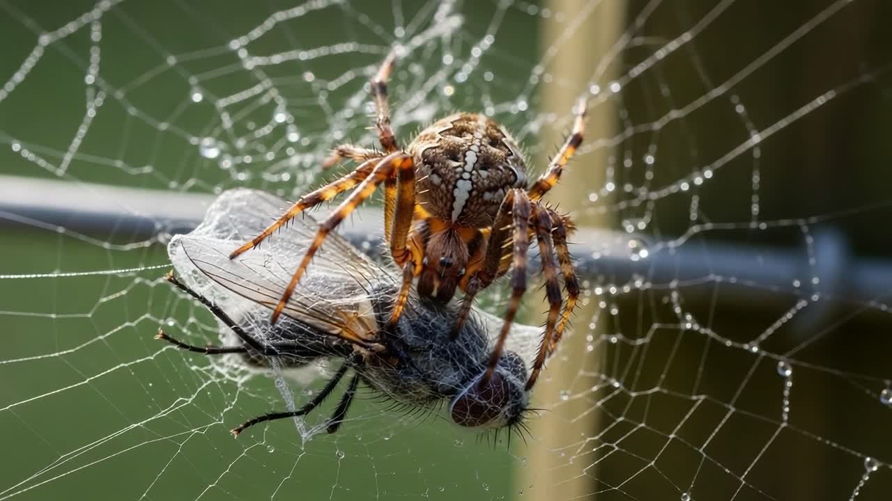 A Close-Up Encounter: A Spider Caught in Its Web Shows the Intricate Struggle Between Predator and Prey Captured in Stunning Detail
