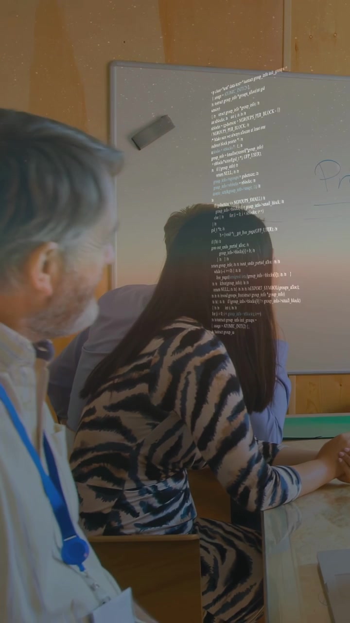 Video vertical: Mujer observando cómo se une un directivo, texto de globo terráqueo apareciendo sobre un hombre para una revisión de negocios.