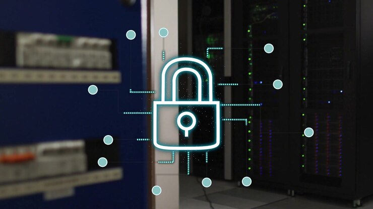 Glyph appearing neon padlock morphing drawing circuits lighting nodes to servers securing network