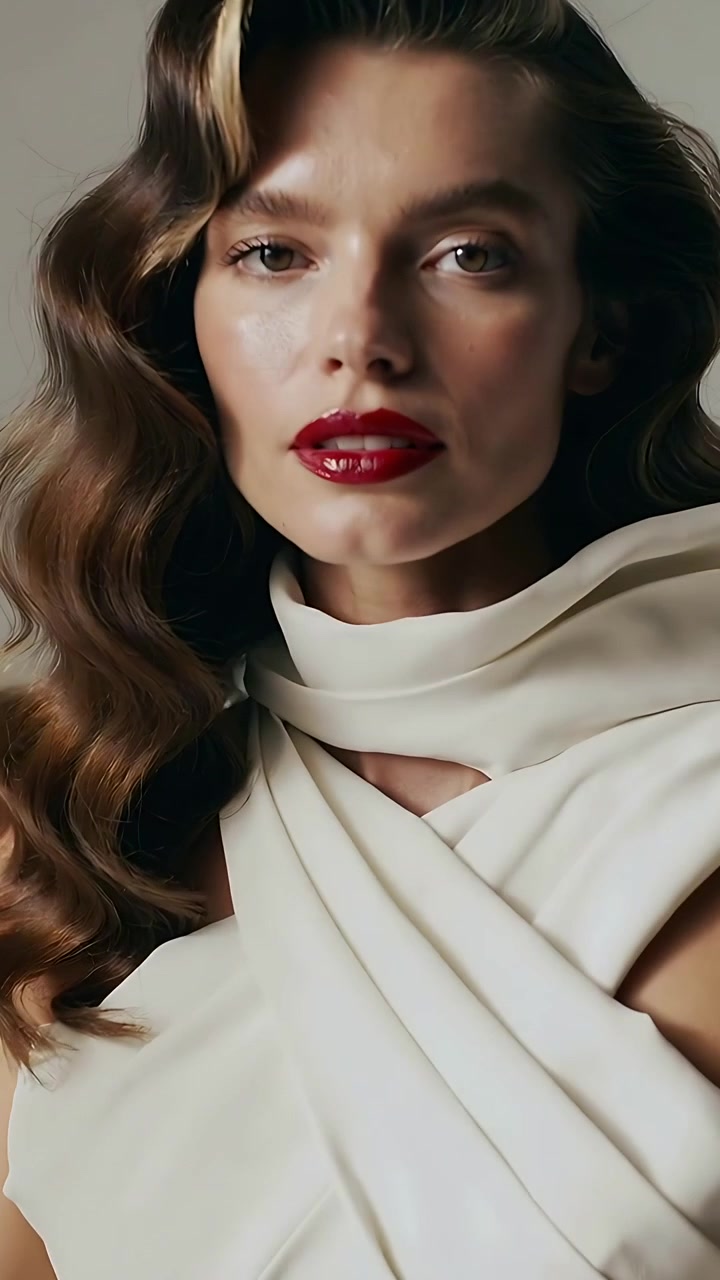 Vertical video: Posing model tilting and gazing as camera moving in studio panel cream top red lips