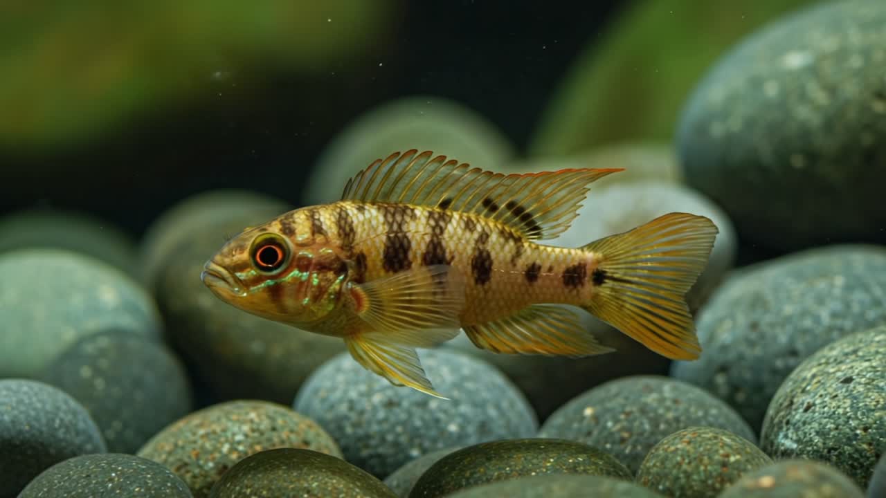 A Beautiful Portrait of a Vibrant Fish Swimming Elegantly Among Smooth Pebbles in an Underwater Environment, Capturing the Essence of Aquatic Life