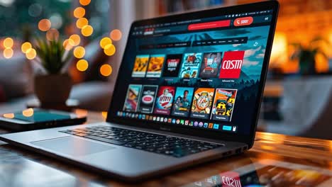 laptop displaying a streaming service in a cozy home environment