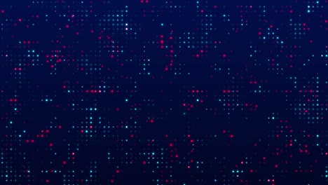 hi tech motion graphic background, blue and red flickering dots on dark background