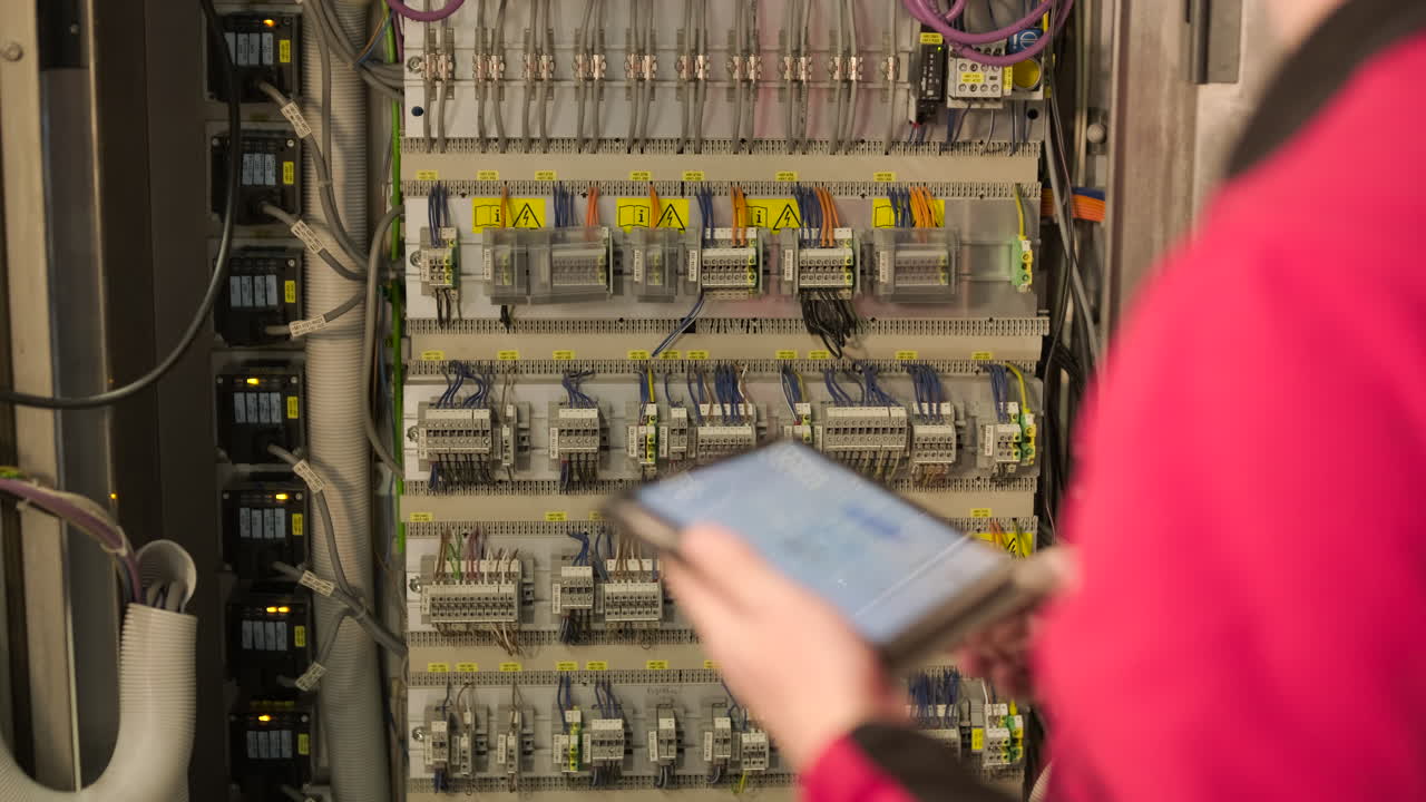 Engineer Monitoring Industrial Electrical Control Panel with Tablet