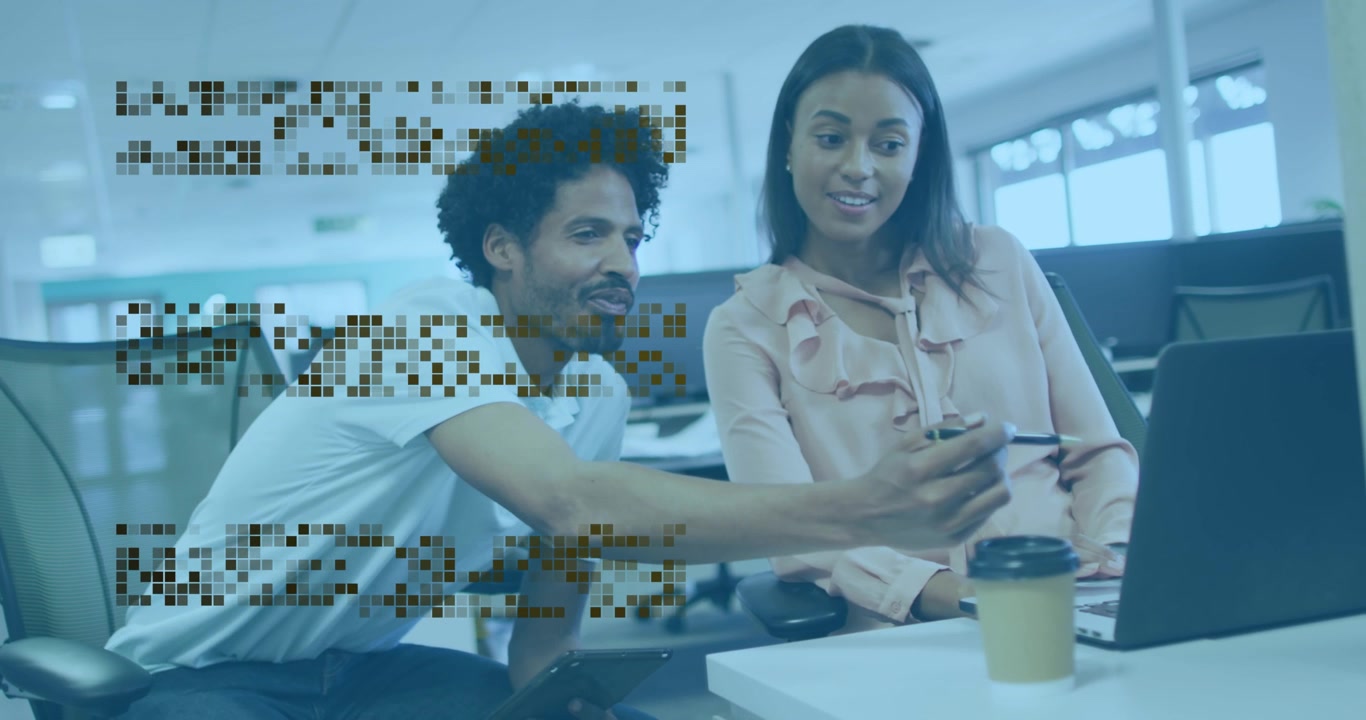 Animation of data processing over diverse business people working in office