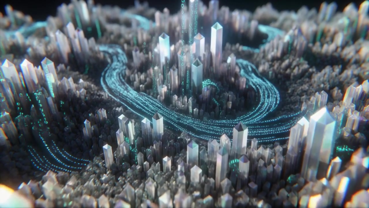 Abstract Digital Cityscape with Glowing Data Streams and Crystal Structures