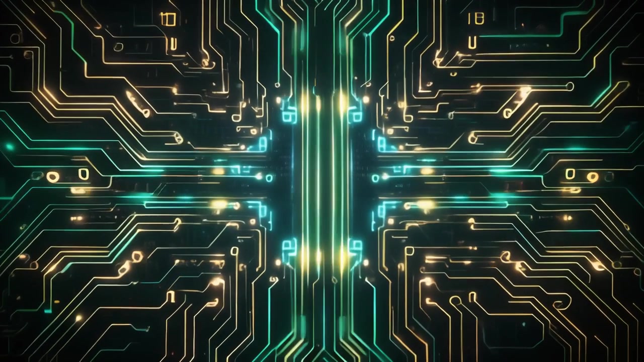 Digital Circuit Board with Glowing Data Flow