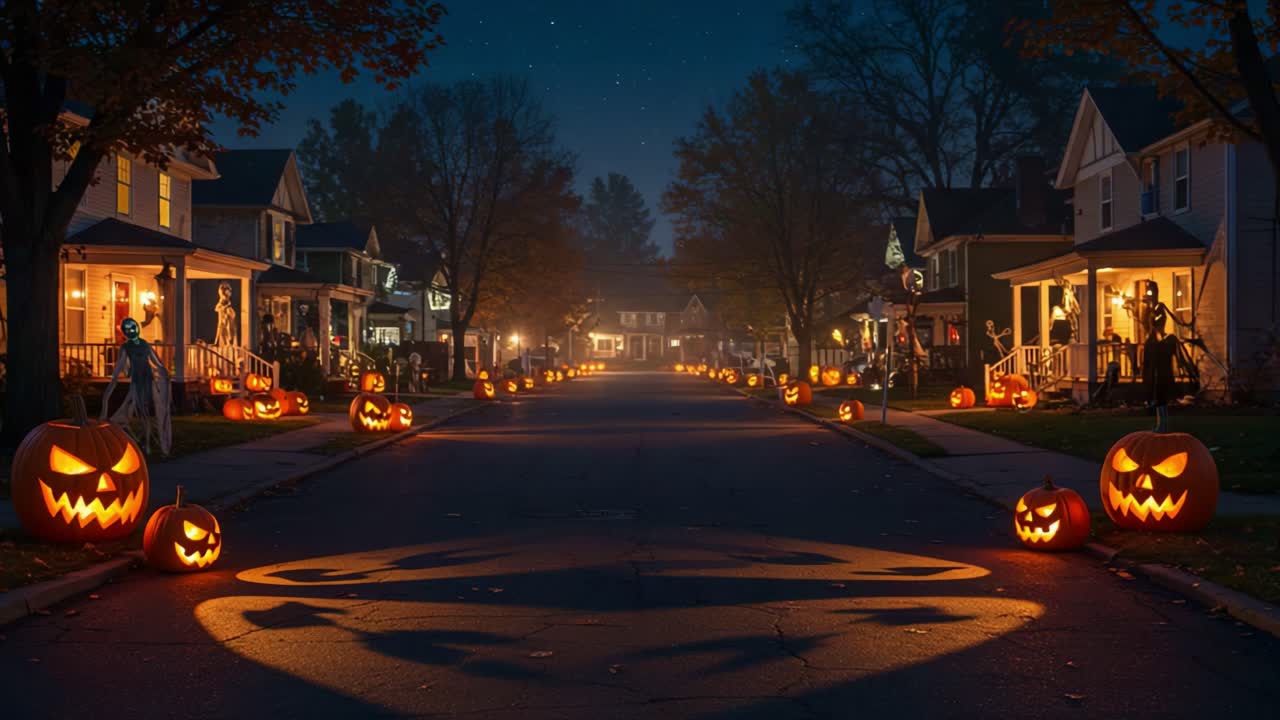 A Spooktacular Halloween Night: Eerie Street Decorated with Jack-o'-Lanterns and Festive Ghostly Figures, Illuminating a Cozy Neighborhood Under a Starry Sky