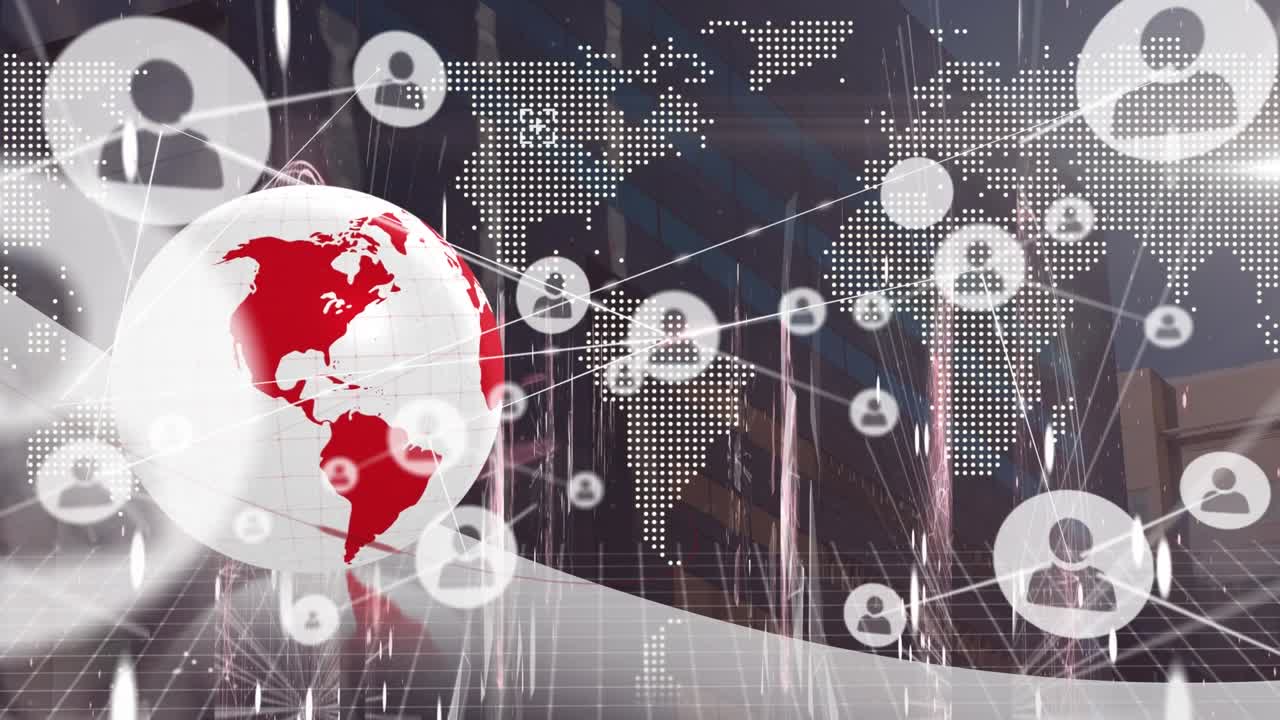 Animação de globo com rede de ícones de pessoas trocando dados sobre o mapa-múndi.
