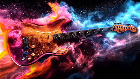 a guitar is shown in a colorful explosion of paint, with the strings and frets visible. concept of creativity and artistic expression, as well as the power and energy of music
