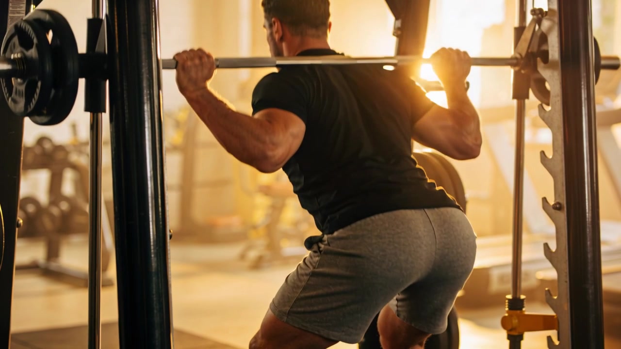 Gripping barbell to unrack, athlete performing squat on rack at gym for strength, in black shirt