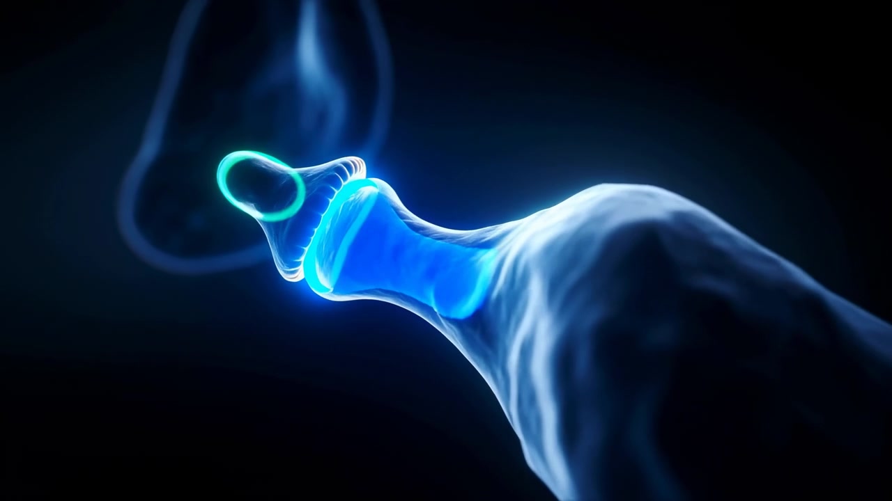 Due forme organiche tubolari traslucide convergono e ruotano in una vista obliqua ravvicinata su uno sfondo blu navy intenso, mostrando riflessi interni segmentati, illuminazione al neon sui bordi e un bagliore volumetrico soffuso.