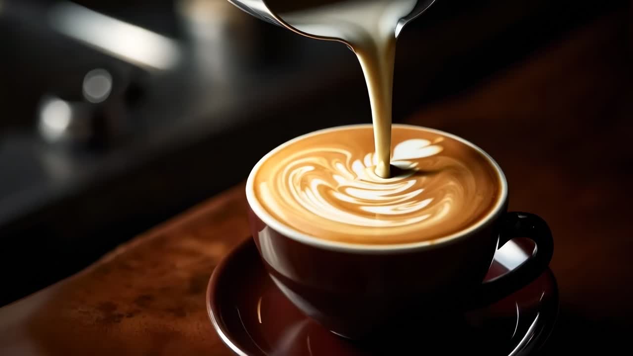 Close-up of a barista pouring milk into a cup of coffee, creating latte art