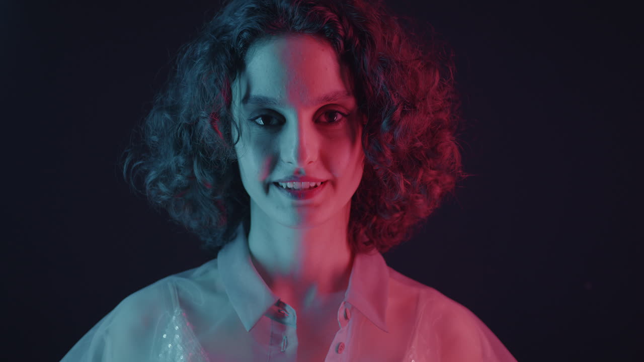 Neon Portrait of a Woman with Curly Hair