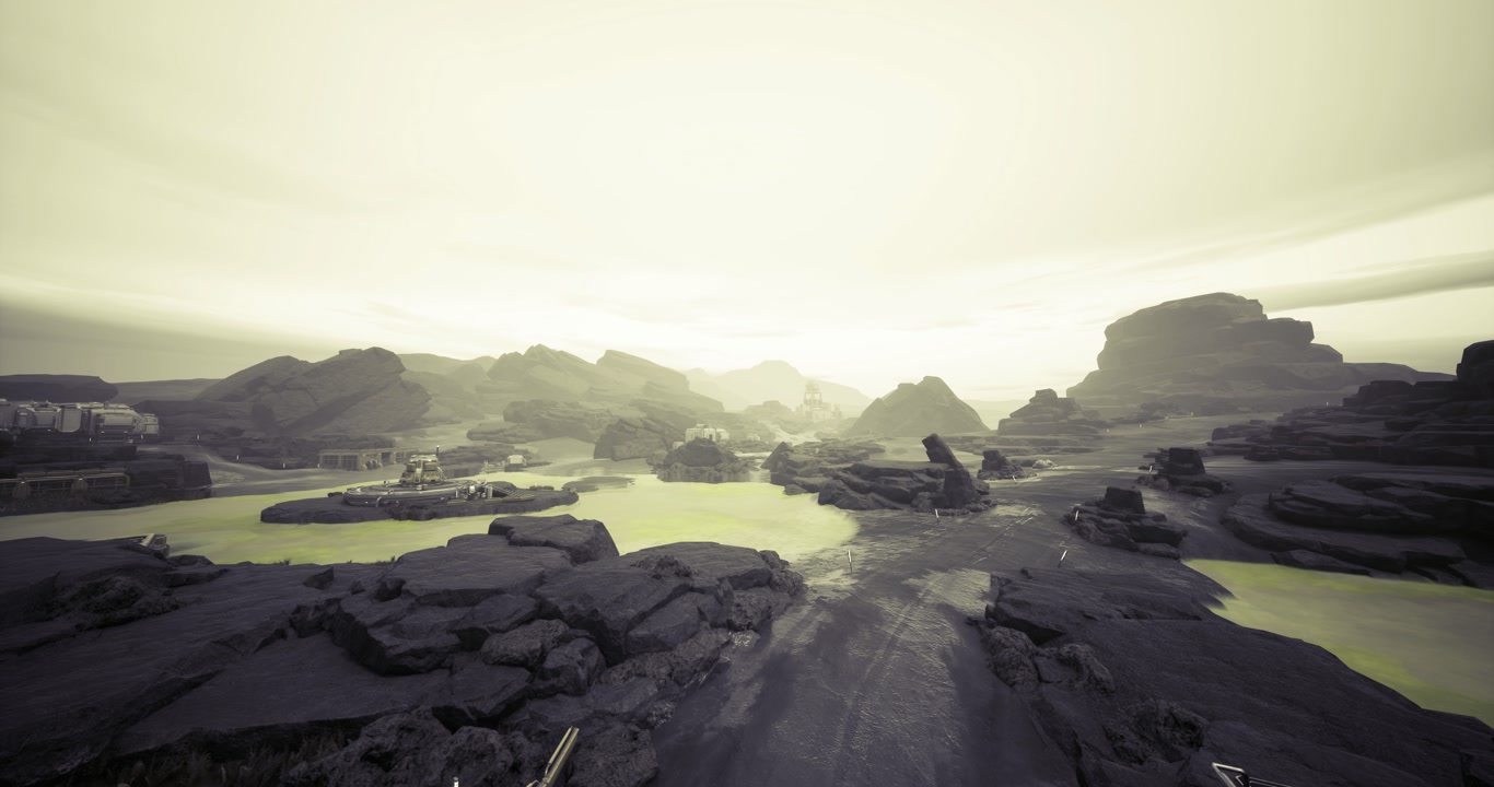 Desolate marshy area with shattered structures and murky pools