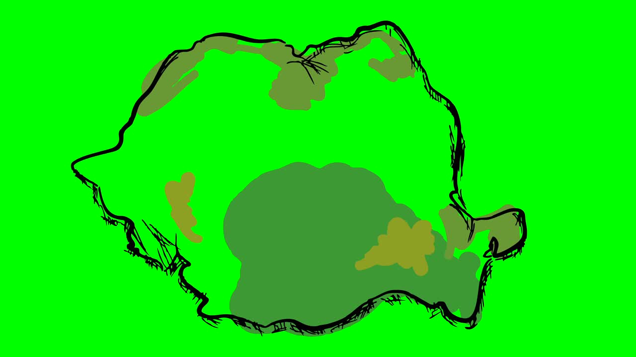 루마니아는 녹색 화면에 컬러 지도를 그리고 고립된 화이트보드입니다.