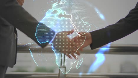 concepto de apretón de manos, apretones de manos de dos hombres de negocios en el fondo del planeta tierra, fondo con mapa digital, mundo de los negocios apretar de manos con mapas del mundo renderizados con gráficos por computadora.