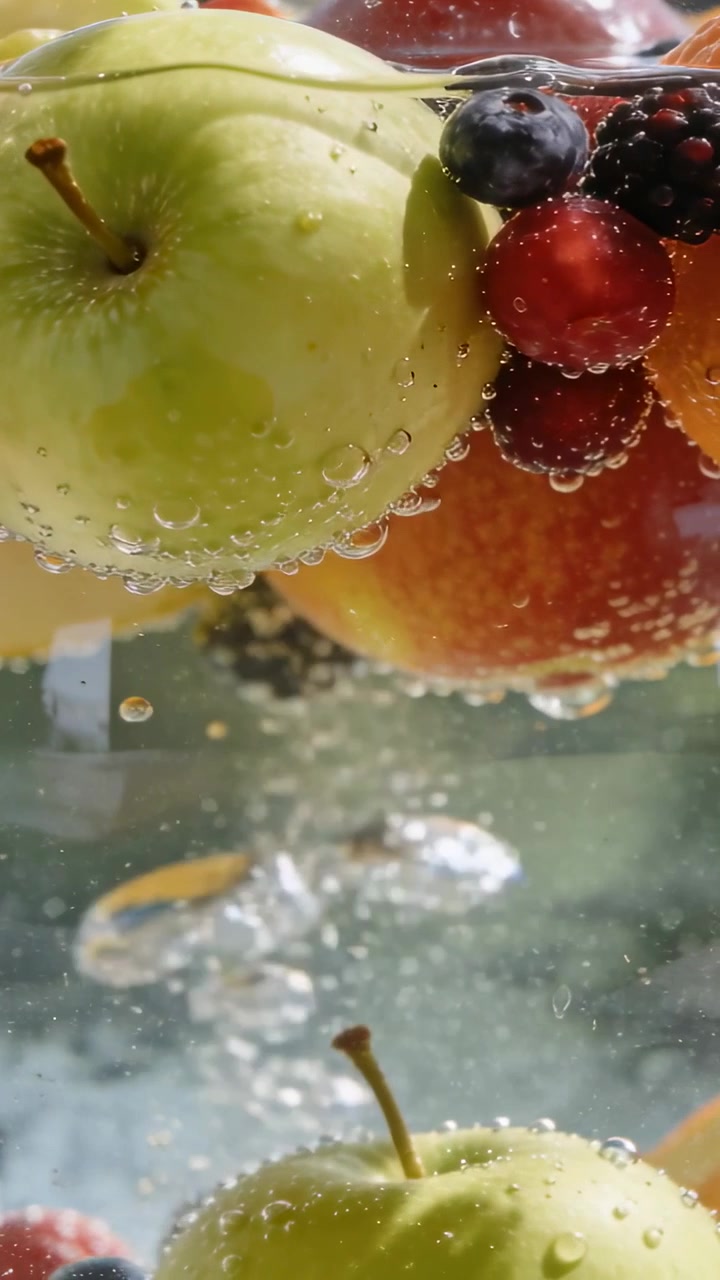 Video verticale: Colonna di bolle in ascesa che spinge un gruppo di frutta che galleggia sul bordo, con mela verde e frutti di bosco.