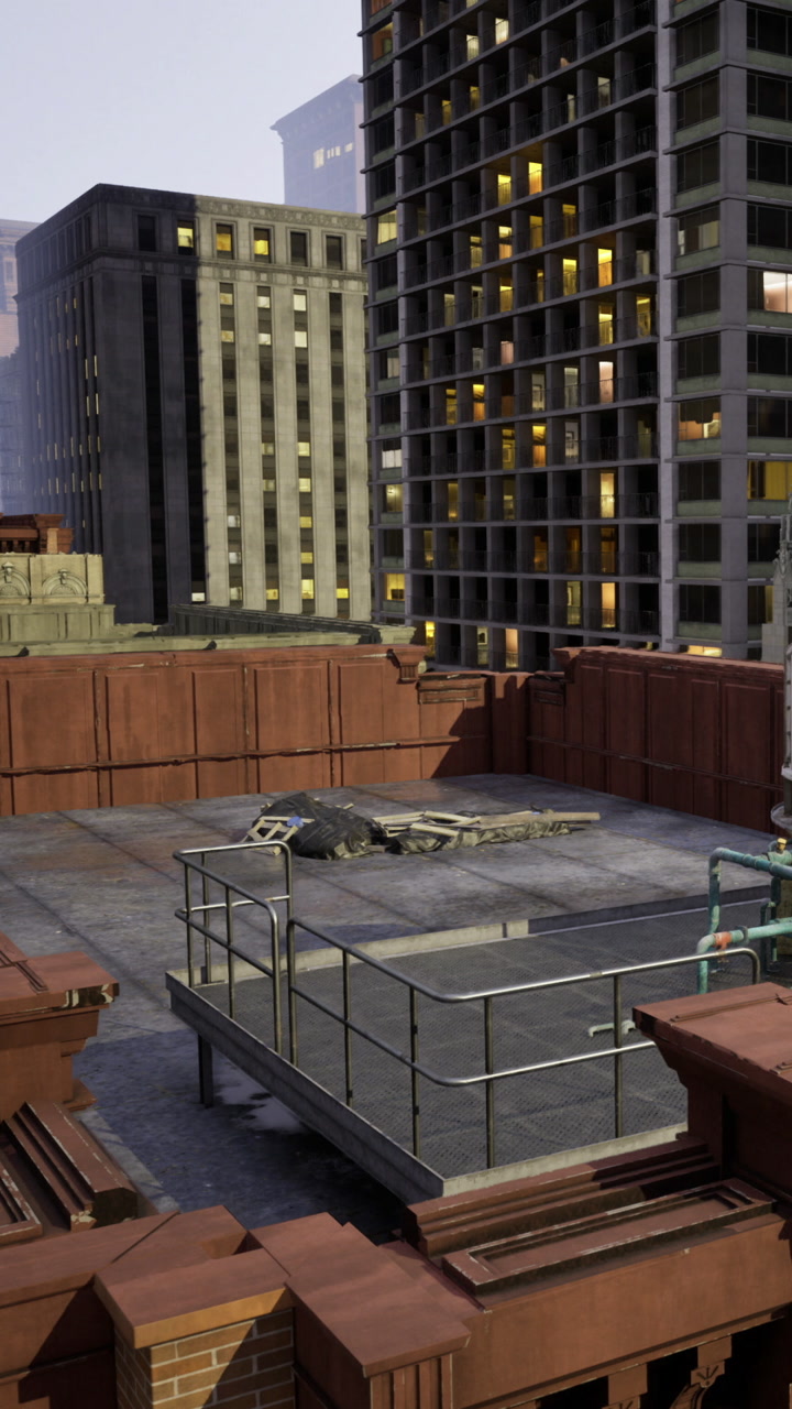 Urban rooftop scene with an intriguing aircraft remains in the cityscape