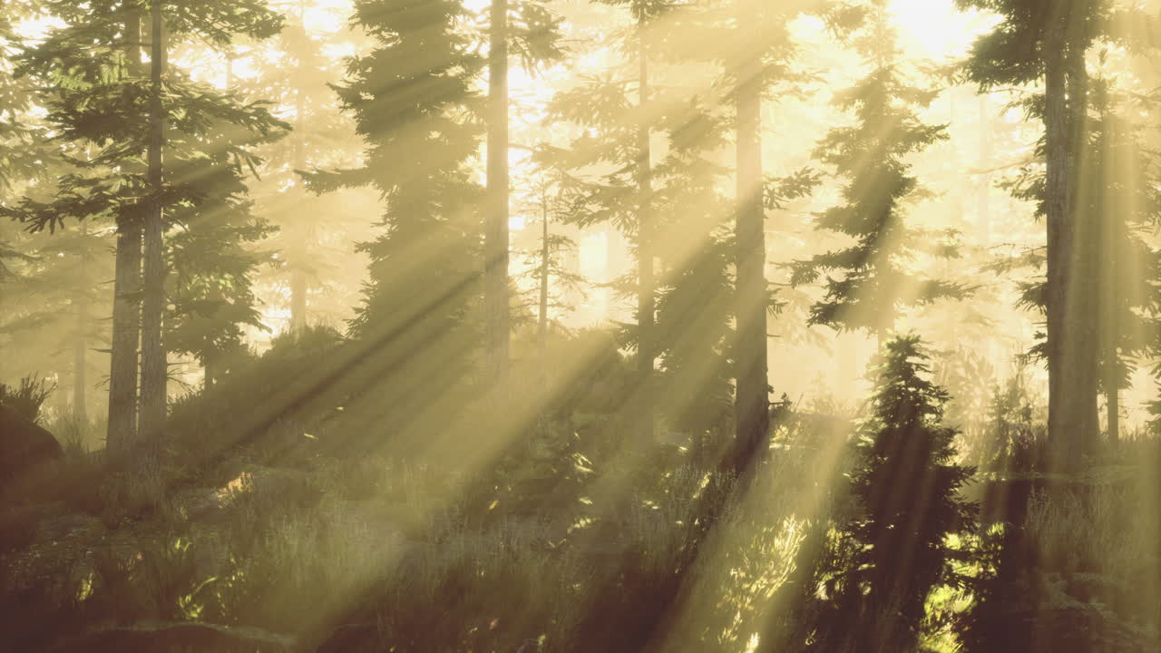 Sunlight filtering through trees in a misty forest at dawn