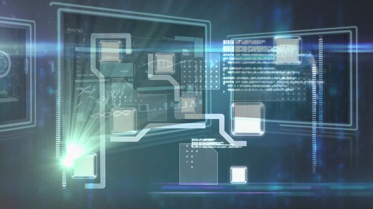 Animation of data processing over screens on dark background