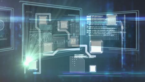 animation of data processing over screens on dark background