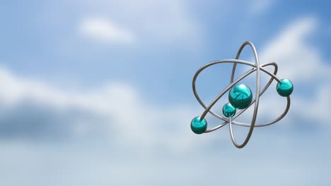 Animation-Von-Atommodellen,-Die-Sich-über-Wolken-Auf-Blauem-Hintergrund-Drehen