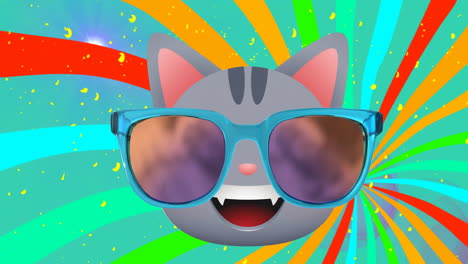 animation of happy cat with glasses and confetti on colourful background