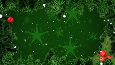 Animation-of-snow-falling-over-green-background-with-fir-tree,-baubles-and-stars