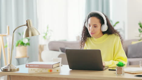 Woman,-remote-work-music-and-living-room-in-a-home