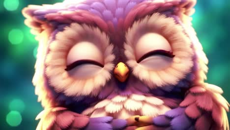 charming animated owl with closed eyes portrayed in a beautifully soft color palette, captivating the viewer with its adorable expression and enchanting environment.