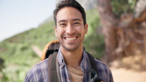 Hiking,-happy-in-nature-and-face-of-man