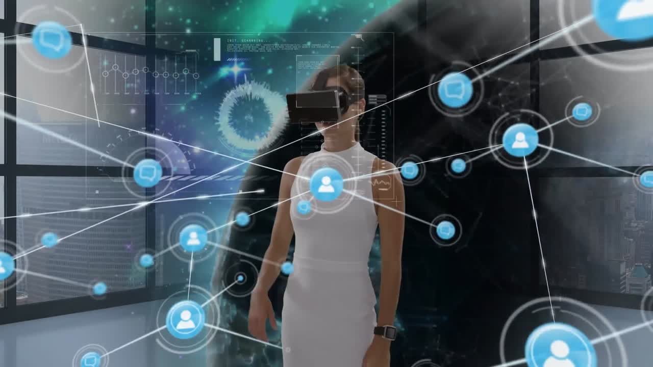 animación de una red de conexiones con iconos sobre una mujer de negocios con auriculares vr