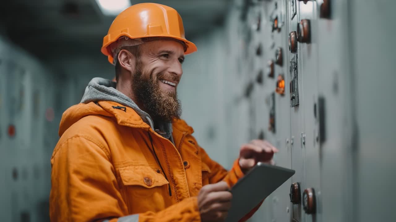 A Smiling Technician in an Orange Safety Jacket and Hard Hat Engaged in Monitoring Control Panel Settings Using a Tablet in an Industrial Environment