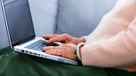 mujer mayor usando computadora portátil en la sala de estar