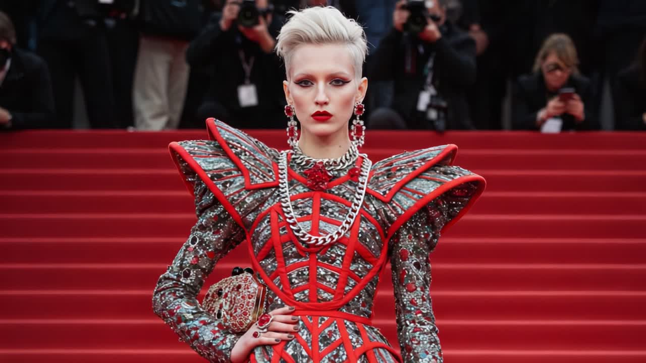 A Dazzling Display of Avant-Garde Fashion: Stunning Model Showcases Unique Red and Silver Outfit with Bold Geometric Patterns on a Red Carpet