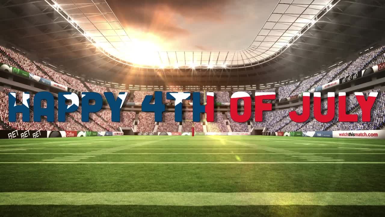 스포츠 경기장 위 에 있는 독립기념일 문자 의 애니메이션