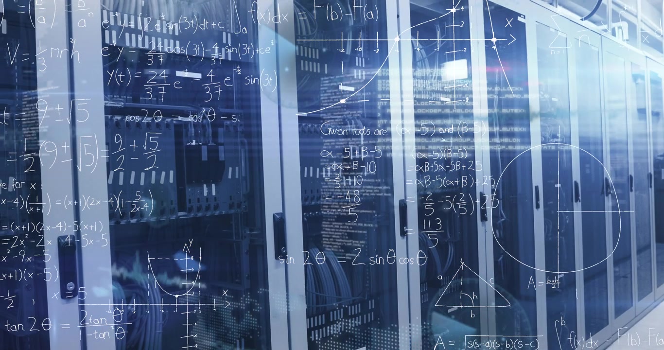 Animation of lens flare, mathematical equations and infographic interface over server room