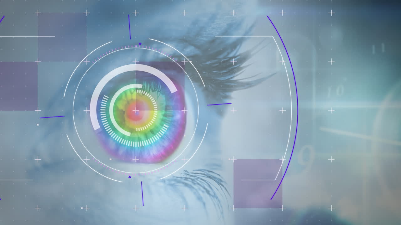 escáner redondo y puntos de luz contra el ojo femenino de cerca