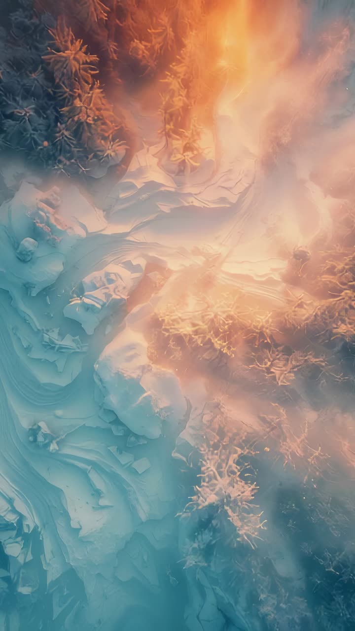 Vertical video: Rising warm plume bathing snowy slope with pines, revealing narrow track at sunrise