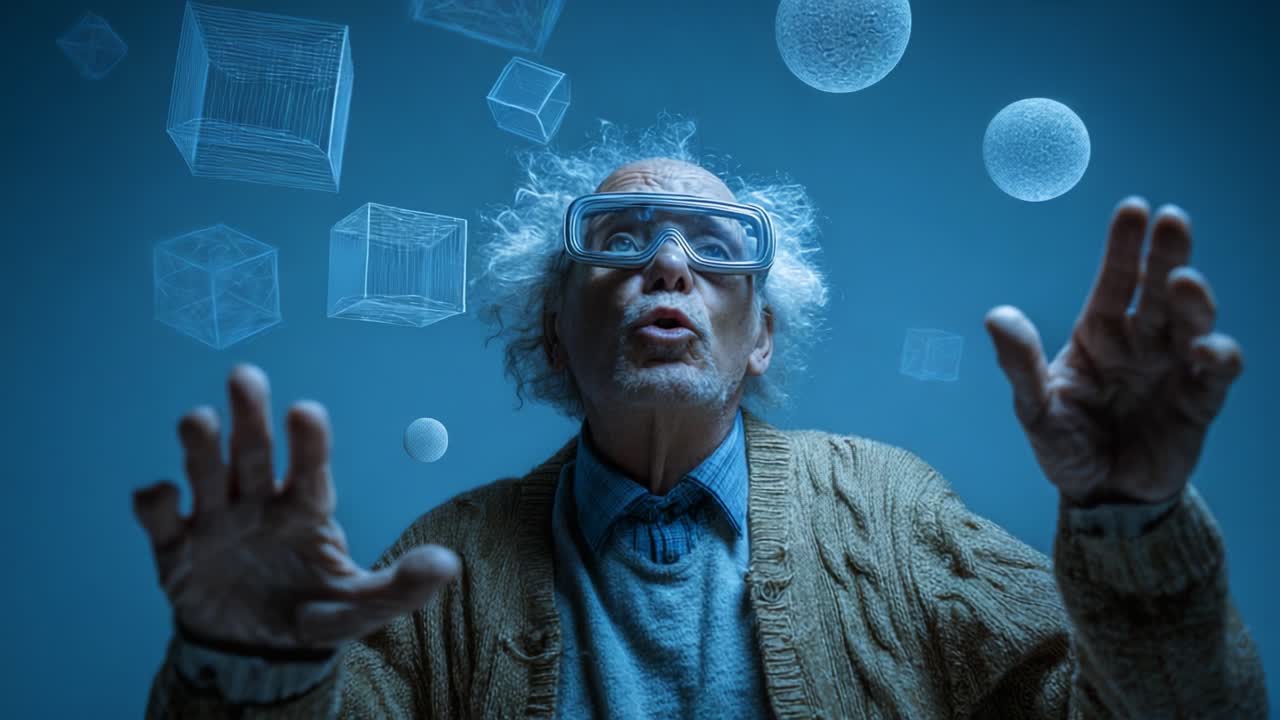 An elderly man, captivated by a surreal visual experience, gazes upward with astonishment as three-dimensional geometric shapes and abstract particles float around him in a beautifully lit environment
