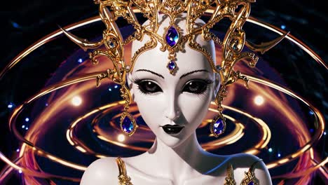 majestic cosmic queen with pale skin. dark lips. and black eyes. wearing an elaborate golden crown and blue gemstone earrings. poses against a backdrop of swirling purple nebulae and sparkling stars