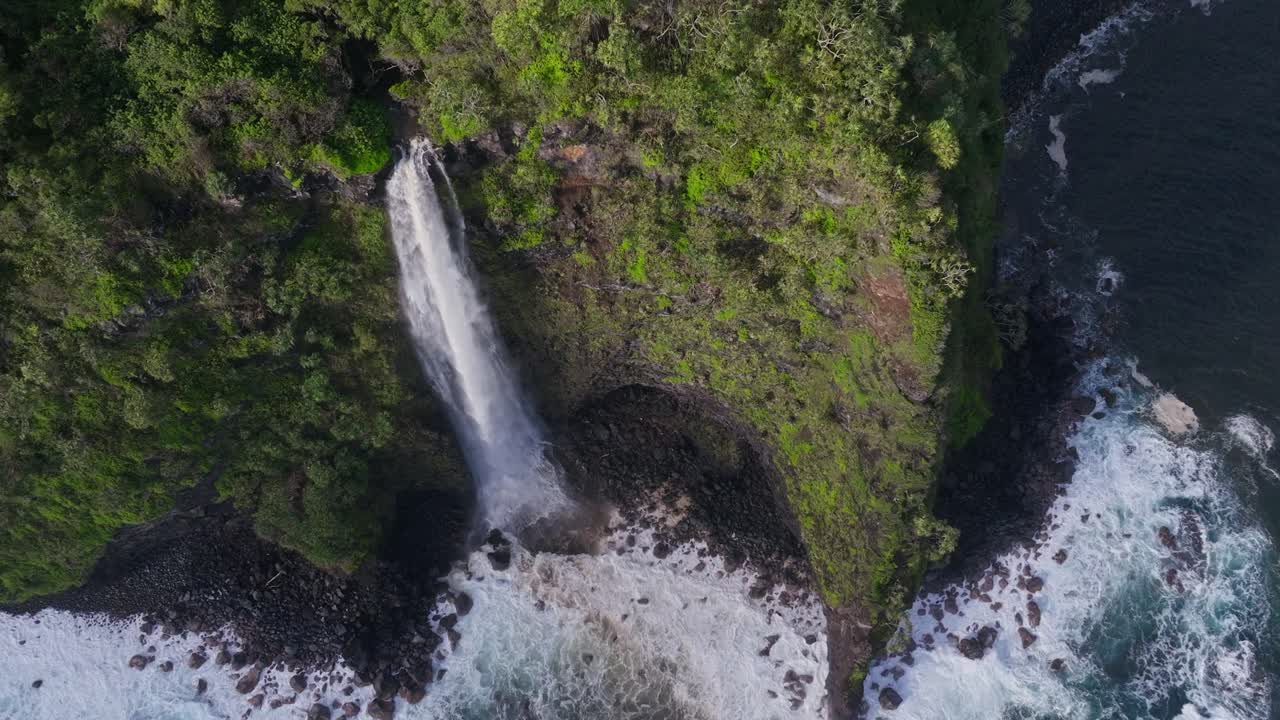 una cascada que desemboca en el océano a lo largo de la exuberante costa norte de maui, vista aérea