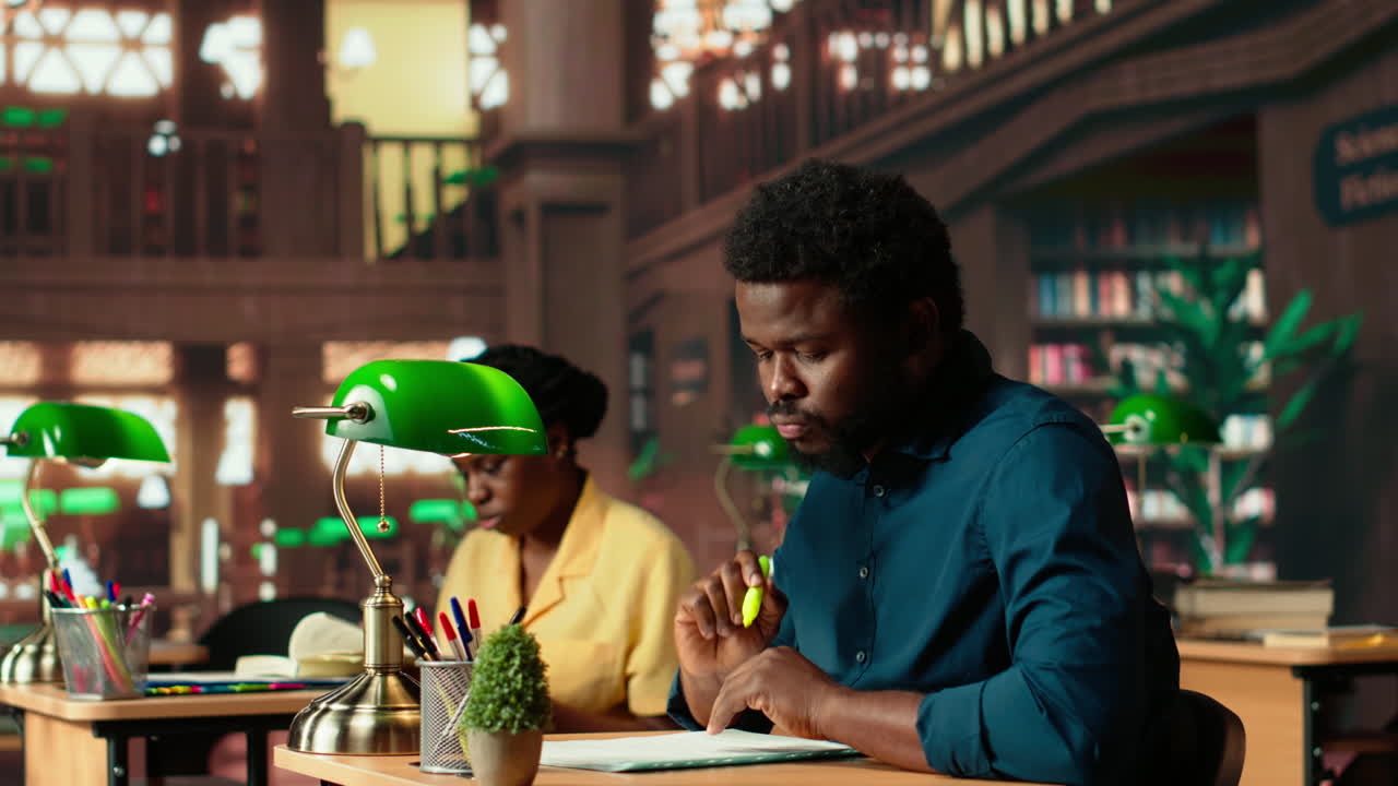 African american pupil underlining key words and phrases at the library