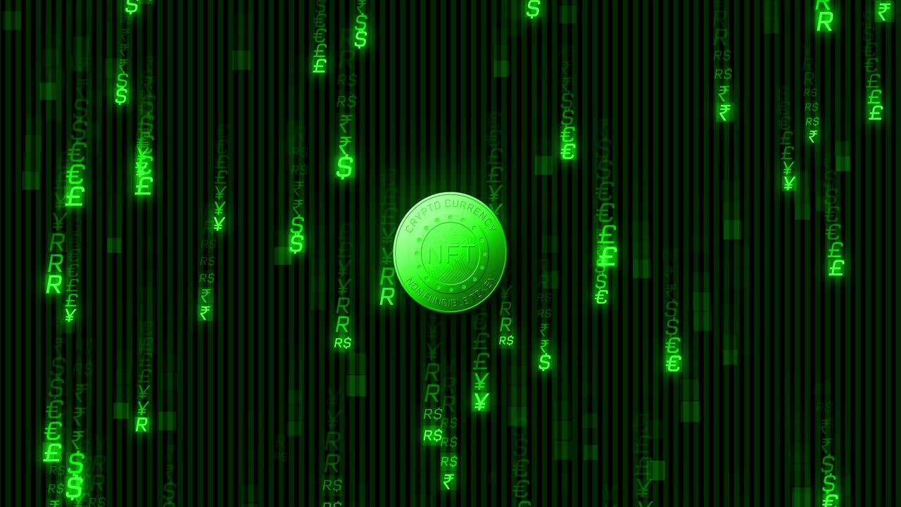 animación de una moneda nft verde que gira sobre los símbolos de la moneda sobre un fondo negro