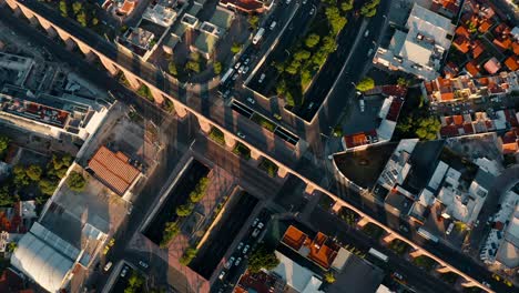 view from the air of the historical arches in the city of querétaro, drone 4k