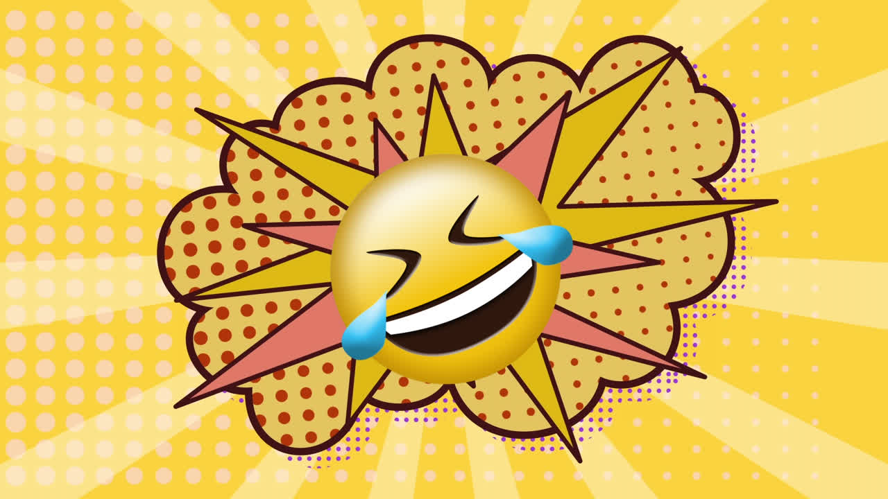 Animation of emoji icon over comic cloud icon on yellow background